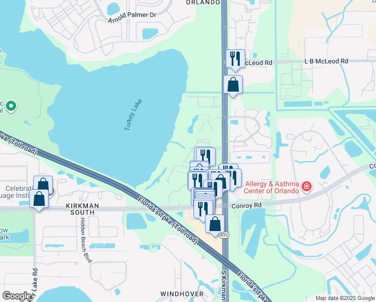 map of restaurants, bars, coffee shops, grocery stores, and more near 4324 South Kirkman Road in Orlando