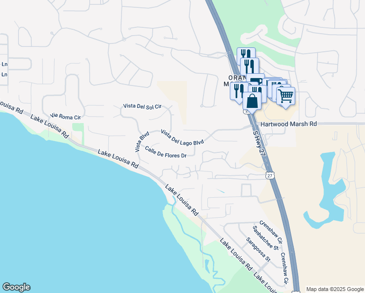 map of restaurants, bars, coffee shops, grocery stores, and more near 13848 Vista Del Lago Boulevard in Clermont