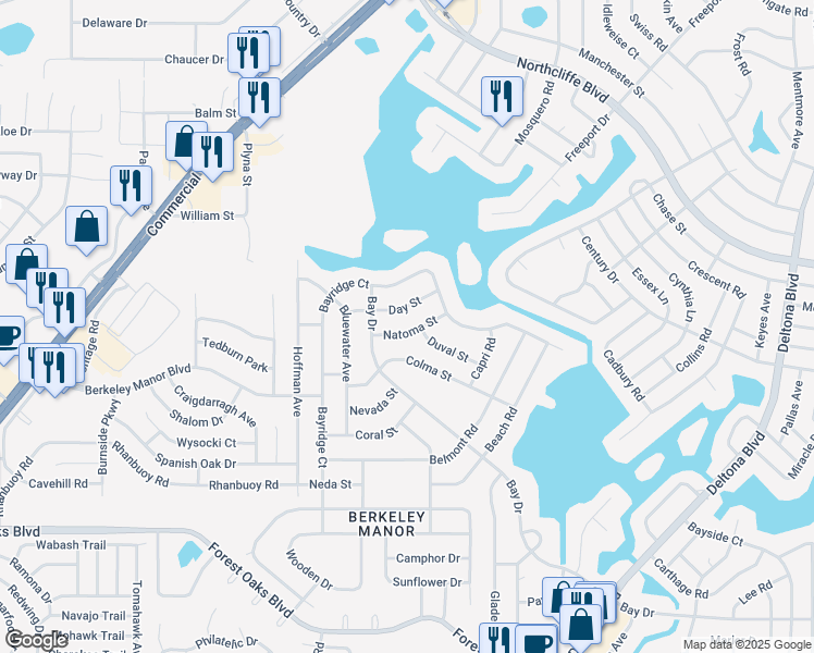 map of restaurants, bars, coffee shops, grocery stores, and more near 8379 Natoma Street in Spring Hill