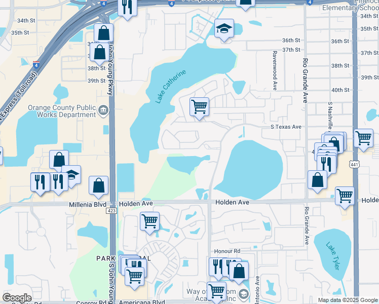 map of restaurants, bars, coffee shops, grocery stores, and more near 2512 Citrus Club Lane in Orlando