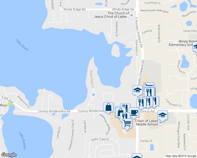 map of restaurants, bars, coffee shops, grocery stores, and more near 4401 Down Point Lane in Windermere