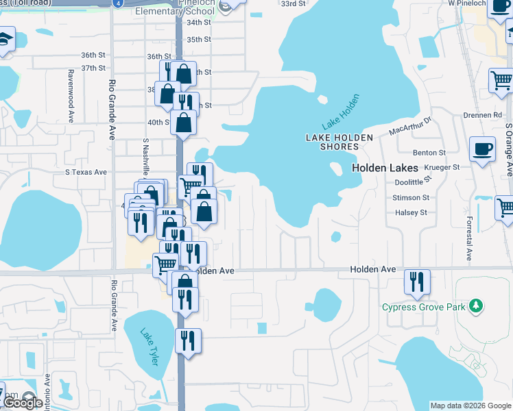 map of restaurants, bars, coffee shops, grocery stores, and more near 4501 South Shore Road in Orlando