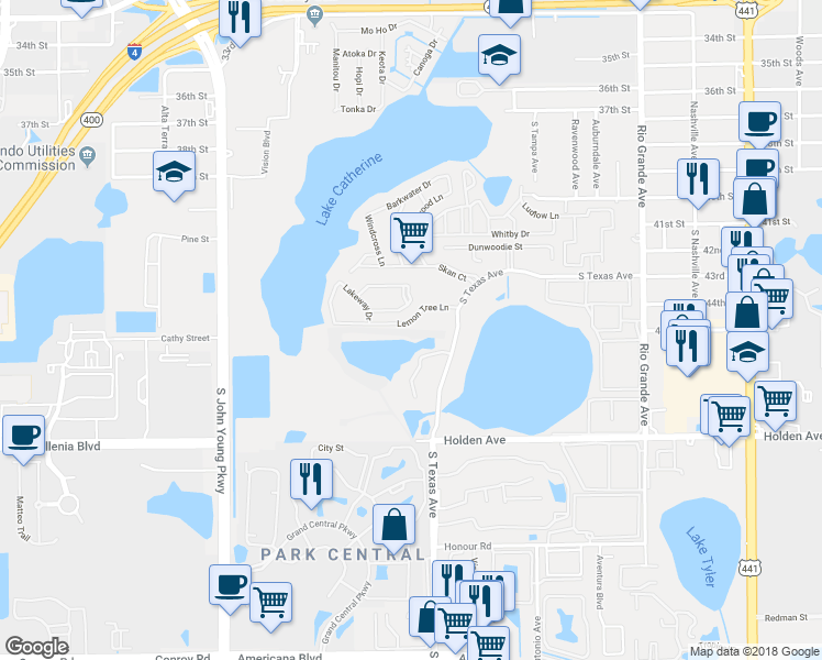 map of restaurants, bars, coffee shops, grocery stores, and more near 2300 Lemon Tree Lane in Orlando