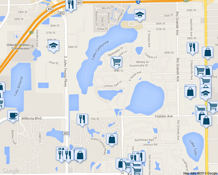 map of restaurants, bars, coffee shops, grocery stores, and more near 2512 Citrus Club Lane in Orlando