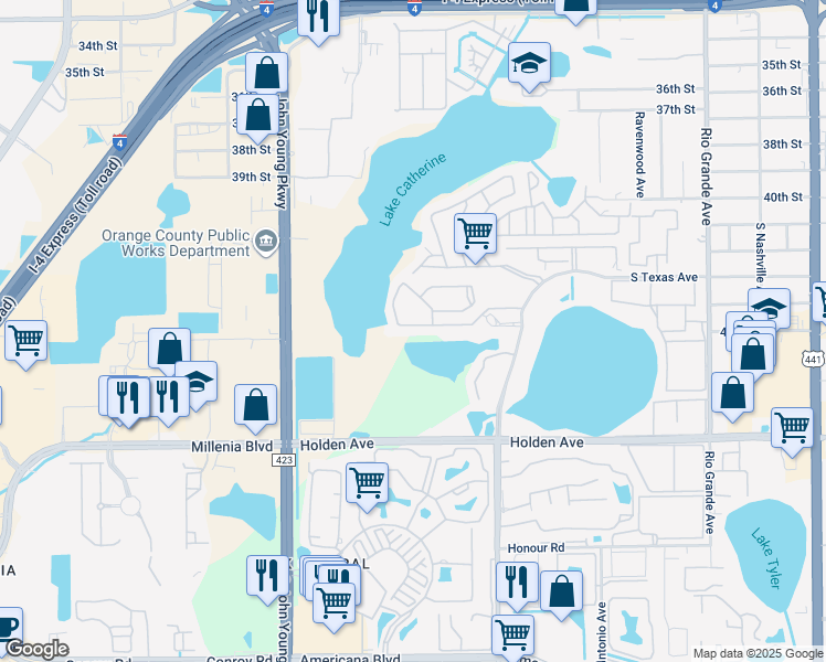 map of restaurants, bars, coffee shops, grocery stores, and more near 2701 Lemon Tree Lane in Orlando