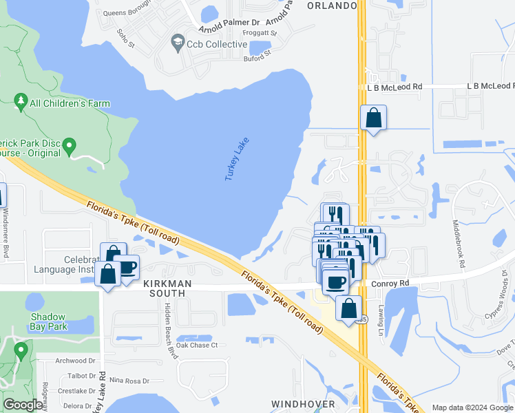 map of restaurants, bars, coffee shops, grocery stores, and more near 4566-4658 Oakcreek Street in Orlando