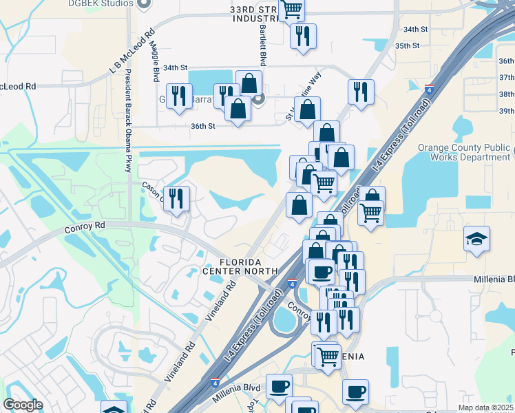 map of restaurants, bars, coffee shops, grocery stores, and more near 4508 Vineland Road in Orlando