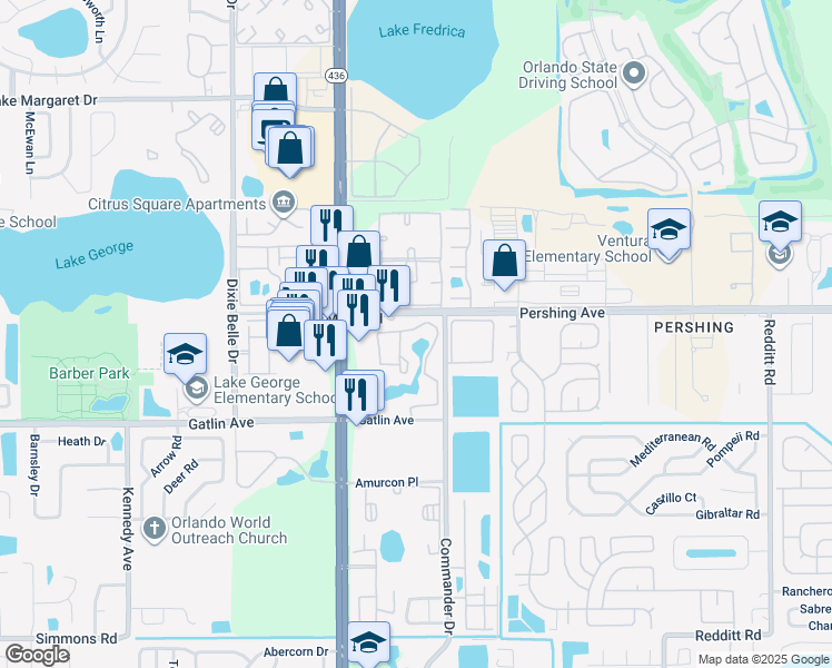 map of restaurants, bars, coffee shops, grocery stores, and more near 4560 Commander Drive in Orlando