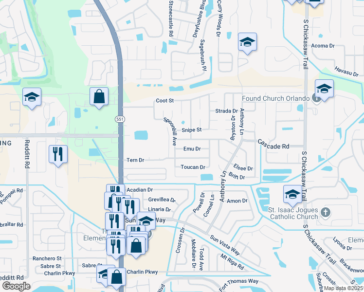 map of restaurants, bars, coffee shops, grocery stores, and more near 7100 Killian Drive in Orlando