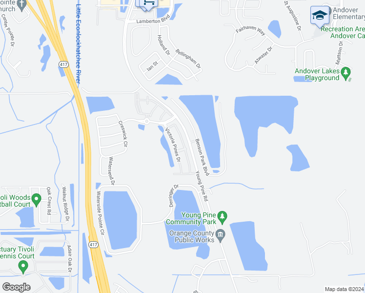 map of restaurants, bars, coffee shops, grocery stores, and more near 3473 Victoria Pines Drive in Orlando