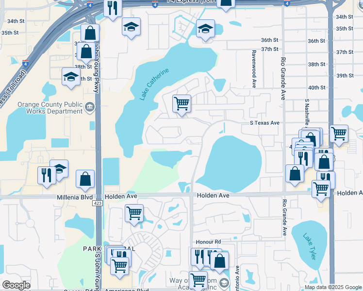 map of restaurants, bars, coffee shops, grocery stores, and more near 2300 Lemon Tree Lane in Orlando