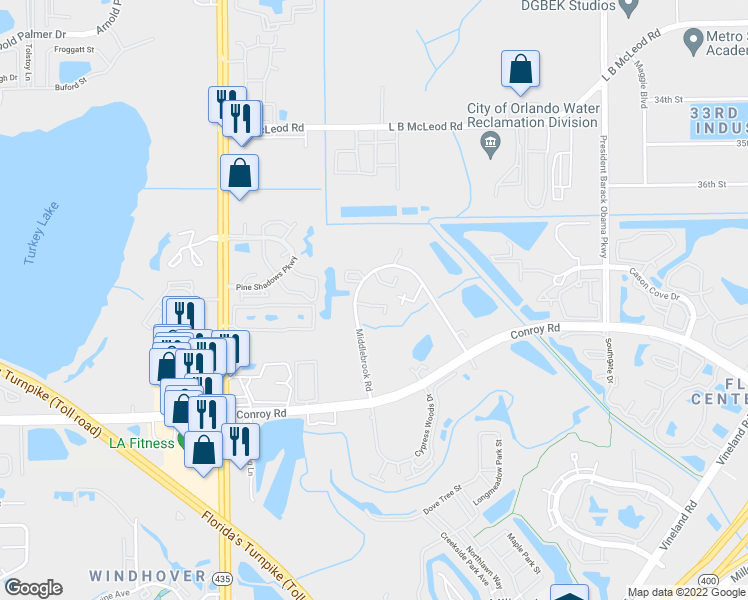 map of restaurants, bars, coffee shops, grocery stores, and more near 5393 Elm Court in Orlando