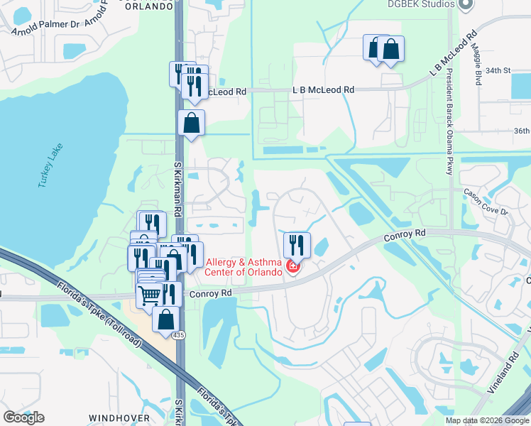 map of restaurants, bars, coffee shops, grocery stores, and more near 4430 Shadow Crest Place in Orlando