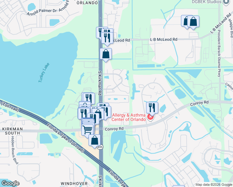 map of restaurants, bars, coffee shops, grocery stores, and more near 5617 Blue Shadows Court in Orlando