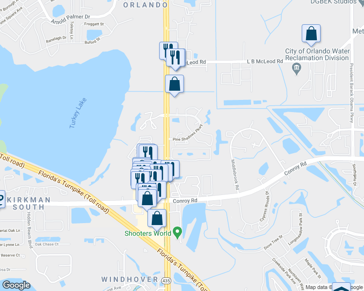 map of restaurants, bars, coffee shops, grocery stores, and more near 5601 Blue Shadows Court in Orlando