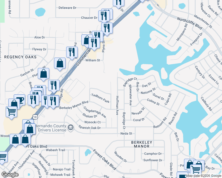 map of restaurants, bars, coffee shops, grocery stores, and more near Las Palmas Avenue in Spring Hill