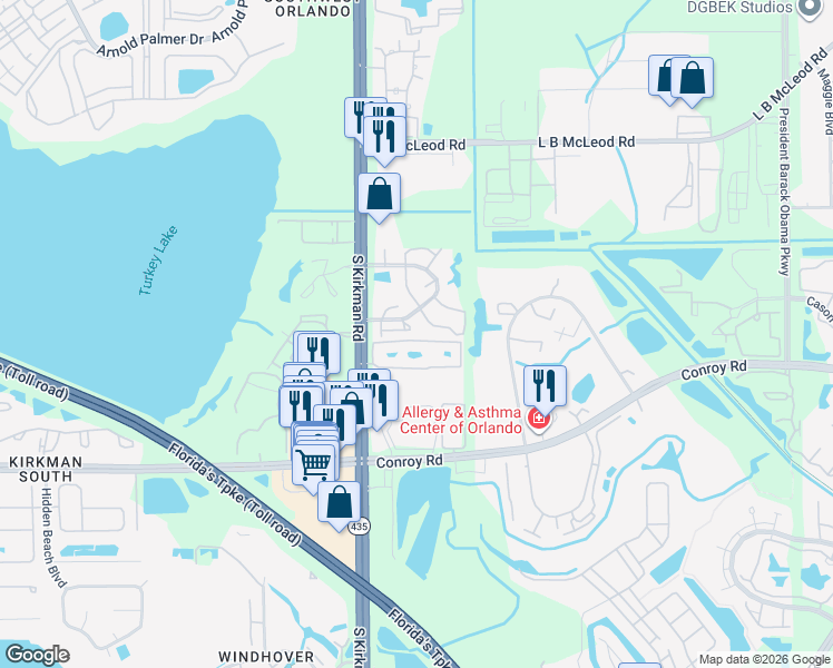 map of restaurants, bars, coffee shops, grocery stores, and more near 5617 Blue Shadows Court in Orlando