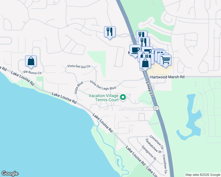 map of restaurants, bars, coffee shops, grocery stores, and more near 10399 Toro Drive in Clermont