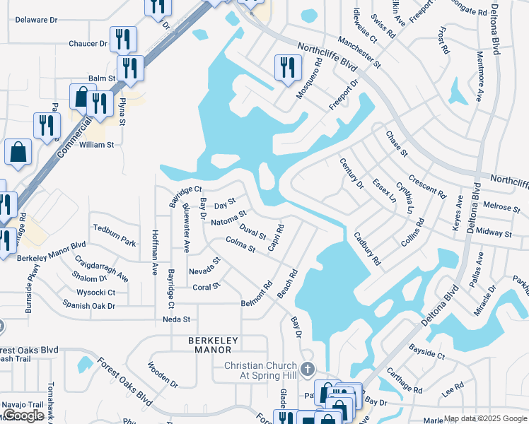 map of restaurants, bars, coffee shops, grocery stores, and more near 4619 Bayridge Court in Spring Hill