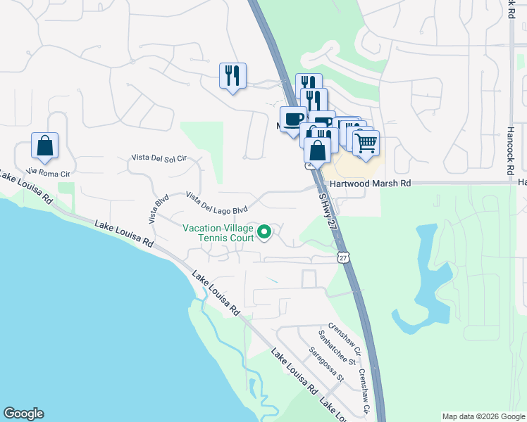 map of restaurants, bars, coffee shops, grocery stores, and more near 10330 Castillo Court in Clermont