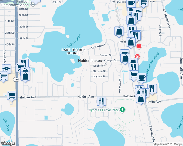 map of restaurants, bars, coffee shops, grocery stores, and more near 425 Stimson Street in Orlando