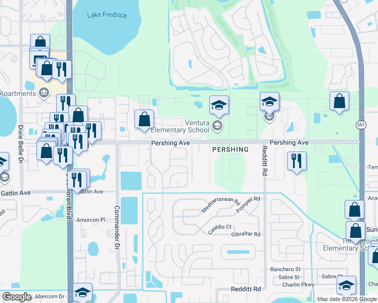 map of restaurants, bars, coffee shops, grocery stores, and more near 2726 Ranch House Road in Orlando
