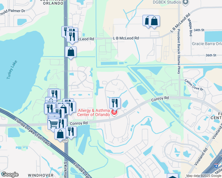 map of restaurants, bars, coffee shops, grocery stores, and more near 5393 Elm Court in Orlando