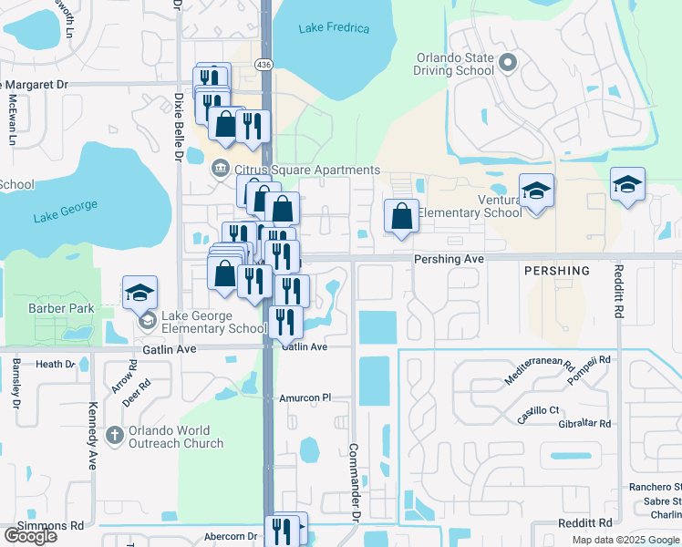 map of restaurants, bars, coffee shops, grocery stores, and more near 4548 Commander Drive in Orlando