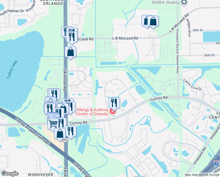 map of restaurants, bars, coffee shops, grocery stores, and more near 5393 Elm Court in Orlando