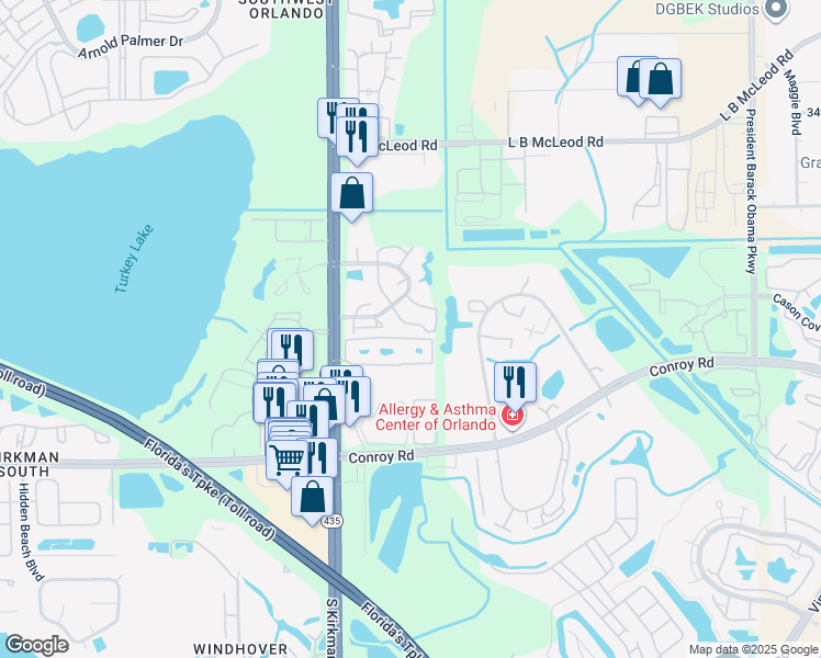 map of restaurants, bars, coffee shops, grocery stores, and more near 4415 Pinebark Avenue in Orlando