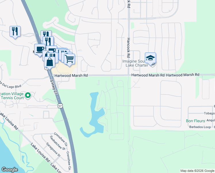 map of restaurants, bars, coffee shops, grocery stores, and more near 2300 Hartwood Marsh Road in Clermont