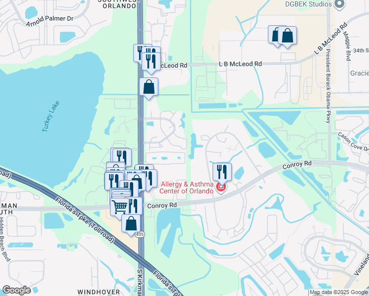 map of restaurants, bars, coffee shops, grocery stores, and more near 4430 Shadow Crest Place in Orlando