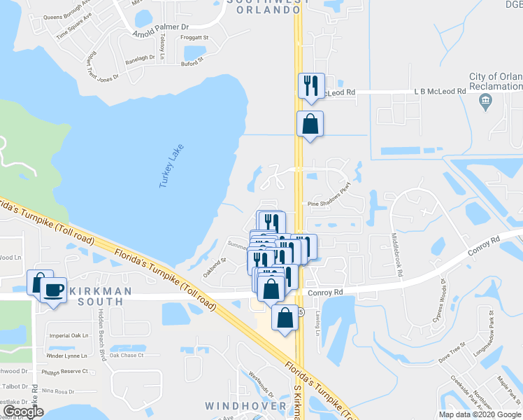 map of restaurants, bars, coffee shops, grocery stores, and more near 4312 South Kirkman Road in Orlando