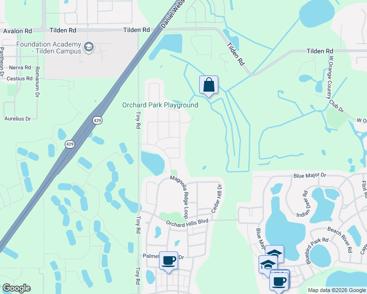 map of restaurants, bars, coffee shops, grocery stores, and more near 13813 Peach Orchard Way in Winter Garden