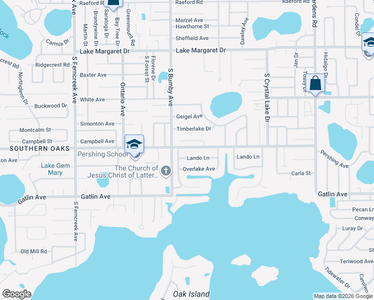 map of restaurants, bars, coffee shops, grocery stores, and more near 2508 East Pershing Avenue in Orlando