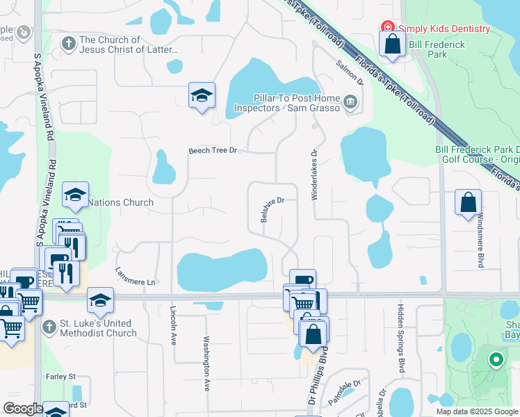 map of restaurants, bars, coffee shops, grocery stores, and more near 8101 Belshire Drive in Orlando