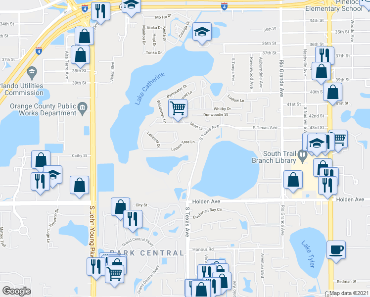 map of restaurants, bars, coffee shops, grocery stores, and more near 2300 Lemon Tree Lane in Orlando