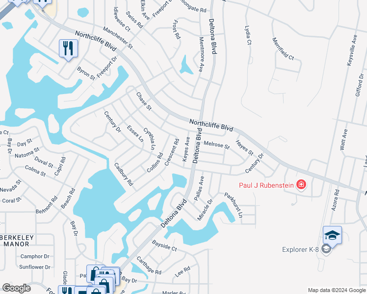 map of restaurants, bars, coffee shops, grocery stores, and more near 4447 Keyes Avenue in Spring Hill