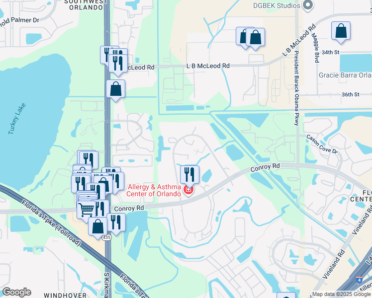 map of restaurants, bars, coffee shops, grocery stores, and more near 5287 Middle Court in Orlando