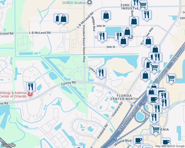map of restaurants, bars, coffee shops, grocery stores, and more near 4700 Cason Cove Drive in Orlando