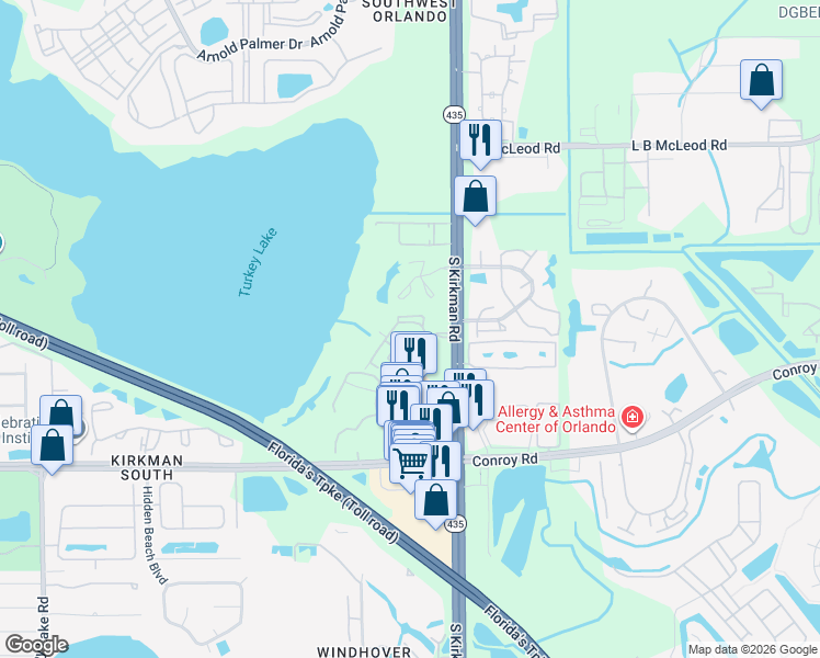 map of restaurants, bars, coffee shops, grocery stores, and more near 4312 South Kirkman Road in Orlando