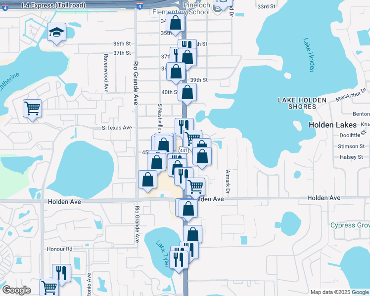 map of restaurants, bars, coffee shops, grocery stores, and more near 4526 South Orange Blossom Trail in Orlando