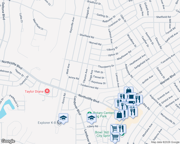 map of restaurants, bars, coffee shops, grocery stores, and more near 4405 Tioga Avenue in Spring Hill