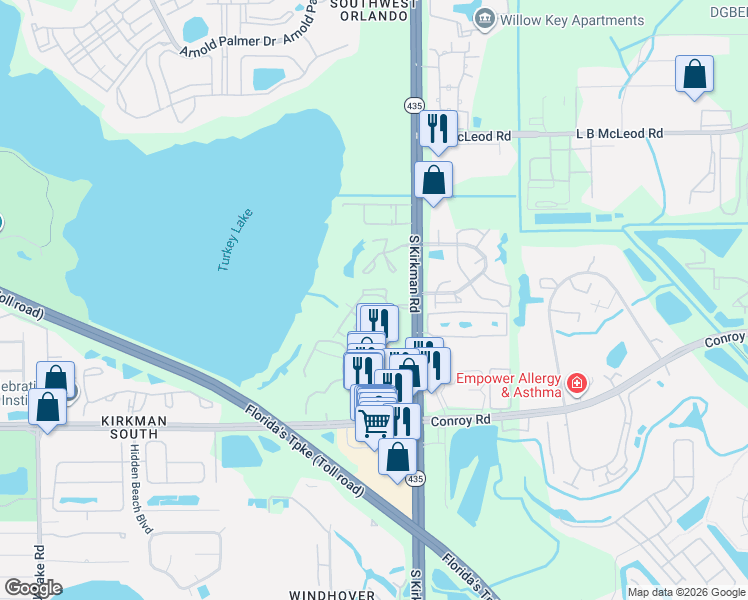 map of restaurants, bars, coffee shops, grocery stores, and more near 4312 South Kirkman Road in Orlando