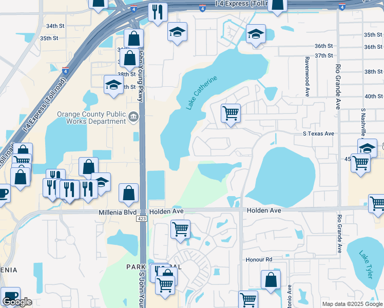 map of restaurants, bars, coffee shops, grocery stores, and more near 4370 Aqua Vista Drive in Orlando