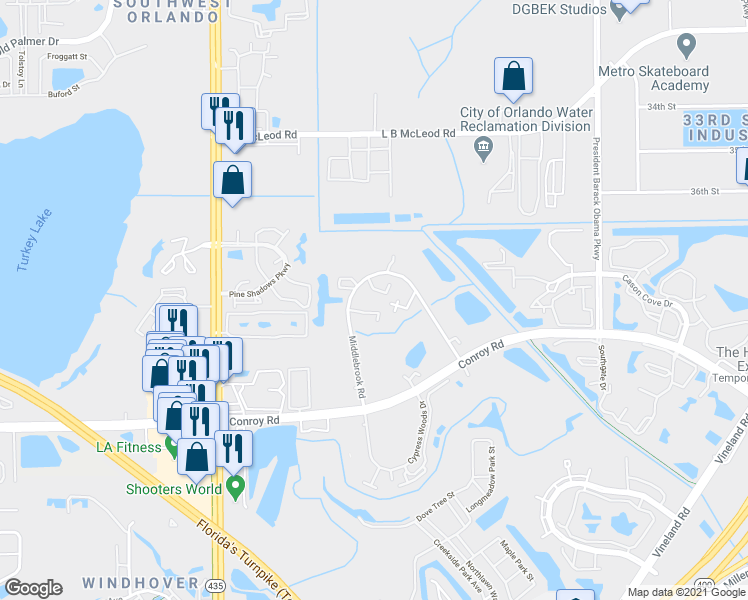map of restaurants, bars, coffee shops, grocery stores, and more near 5292 Brook Court in Orlando