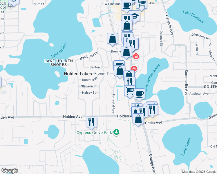 map of restaurants, bars, coffee shops, grocery stores, and more near 4148 Forrestal Place in Orlando