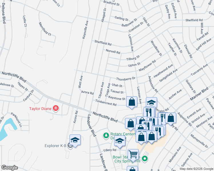 map of restaurants, bars, coffee shops, grocery stores, and more near 4405 Tioga Avenue in Spring Hill