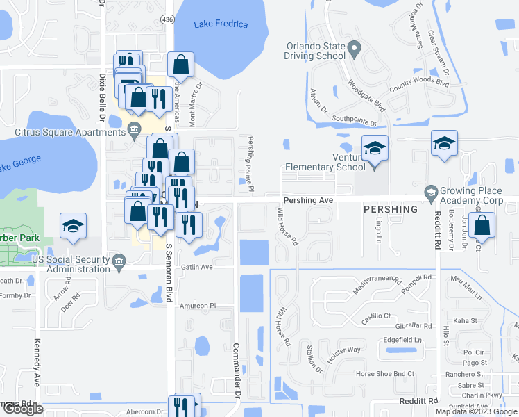 map of restaurants, bars, coffee shops, grocery stores, and more near 5848 Lake Pointe Village Circle in Orlando