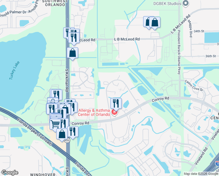 map of restaurants, bars, coffee shops, grocery stores, and more near 5393 Elm Court in Orlando